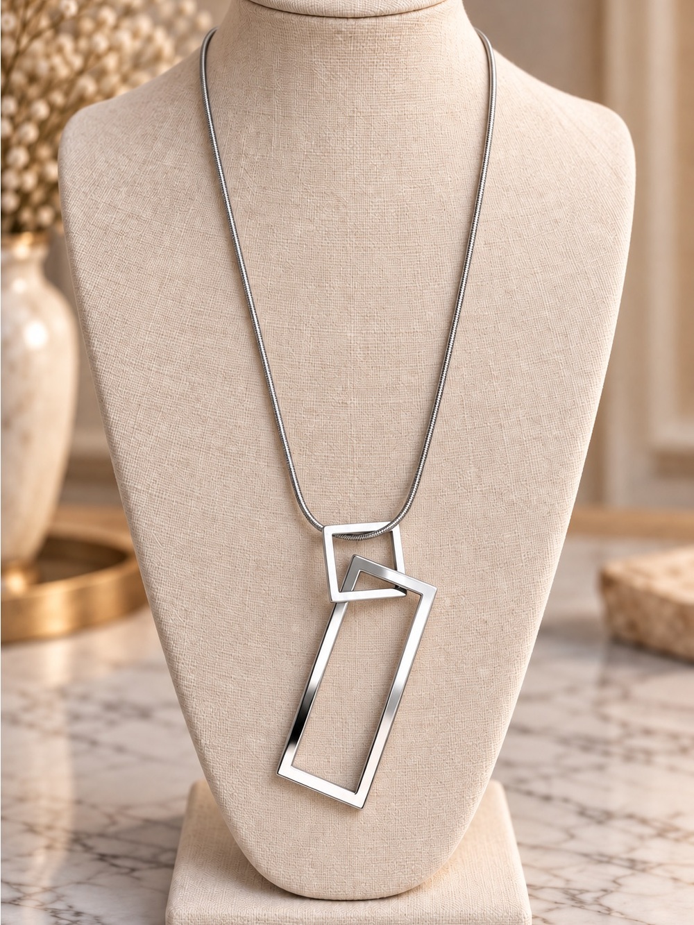 Modern Silver Geometric Pendant Long Necklace